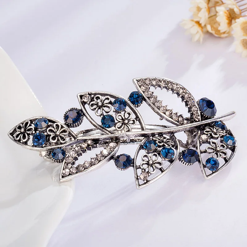 EASYA Blue Purple Crystal Leaf Barrettes Hairwear Hair Accessories Vintage Rhinestone Leaves Hairpin Clips Ornaments