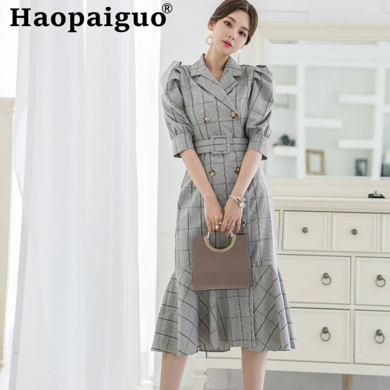 Plus Size Work Office Midi Dress Women Half Sleeve Notched Print Plaid Blazer Dress Women Double Button Summer Dress 2019 Robe