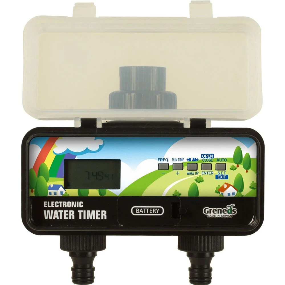 

Easy LCD Electronic water timer,2 outlets,5 keys to setting program,adopt solenoid valve (batteries are not included)