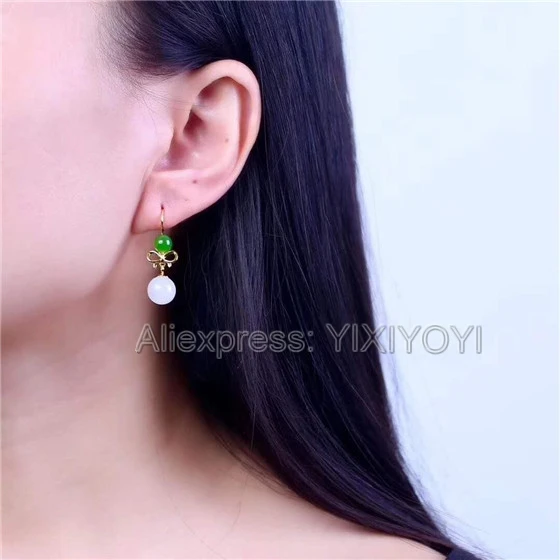 Beautiful 925 Sterling Silver White Green HeTian Jade Round Beads Dangle Lucky Hook Earring Girl's Charming Gift Fine Jewelry