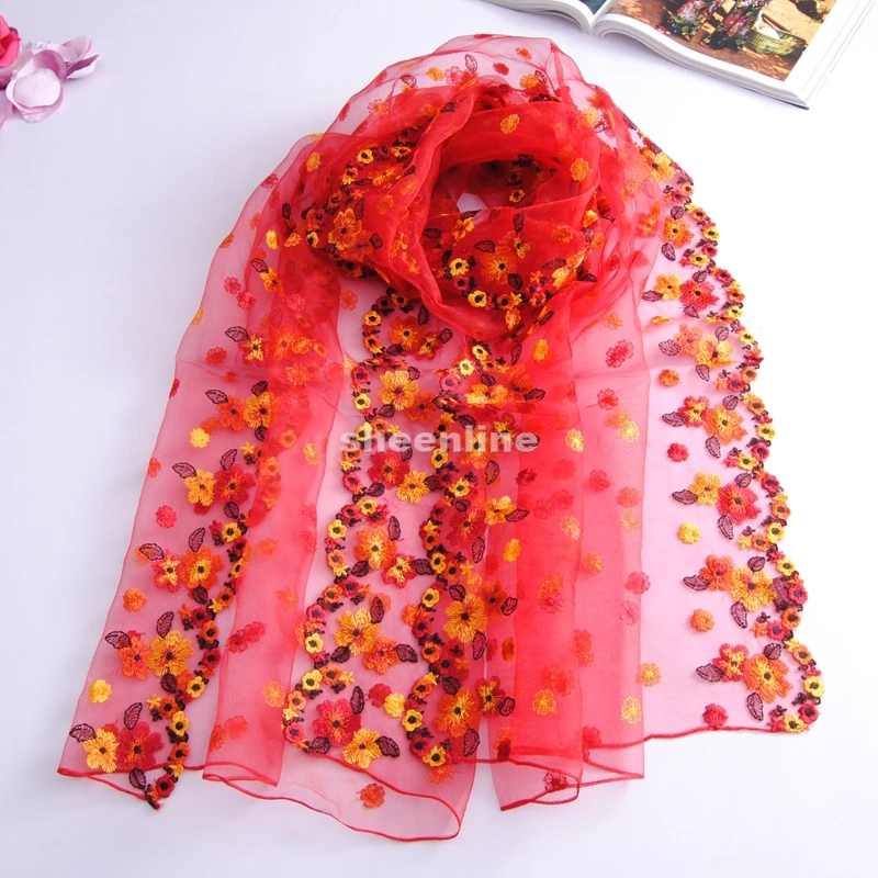 

9 Designs Top Quality Silk Organza Flower Embroidery Shawl Ethnic Pashmina Long Scarf Light Scarf Wrap Spring Autumn Use