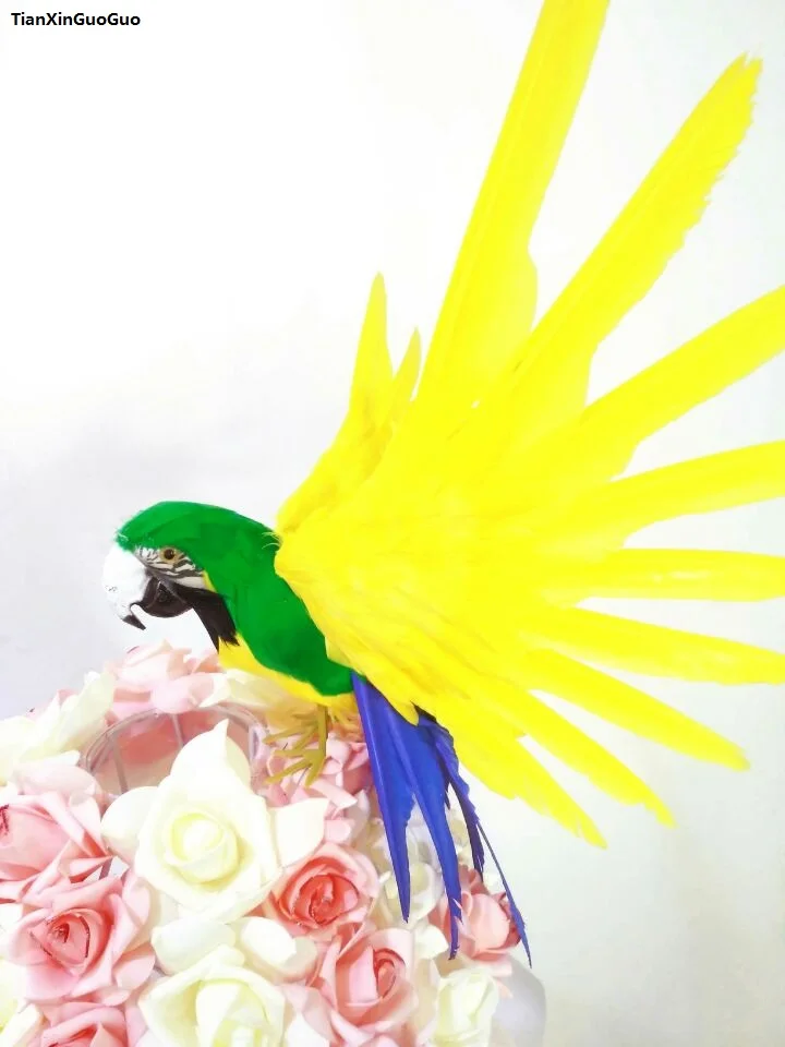 large 35x50cm colourful yellow feathers parrot spreading wings bird hard model,home garden decoration ornaments gift s1429