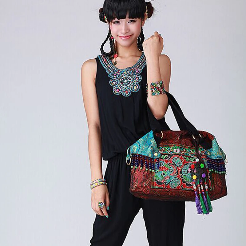 HOT Bohemia Silk brocade double-sided embroidery women handbags Ethnic Vintage handmade Beaded tassel shoulder crossbody bags