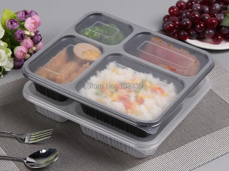 200Sets Black Clear Rectangular Disposable Food Container Lunch Bento Box Snack Packing Boxes Microwave Safe Plastic PP