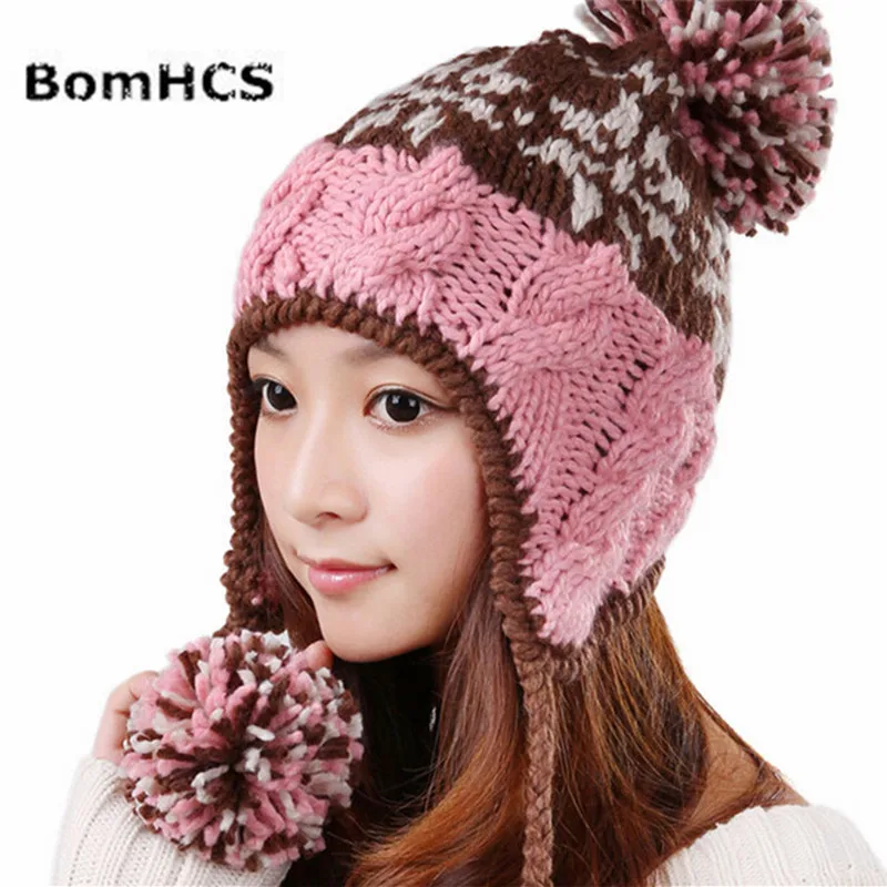 BomHCS Fashion New Winter Warm Ski Ear Muff Beanie Women Lady Handmade Wool Knitted Hat Cap