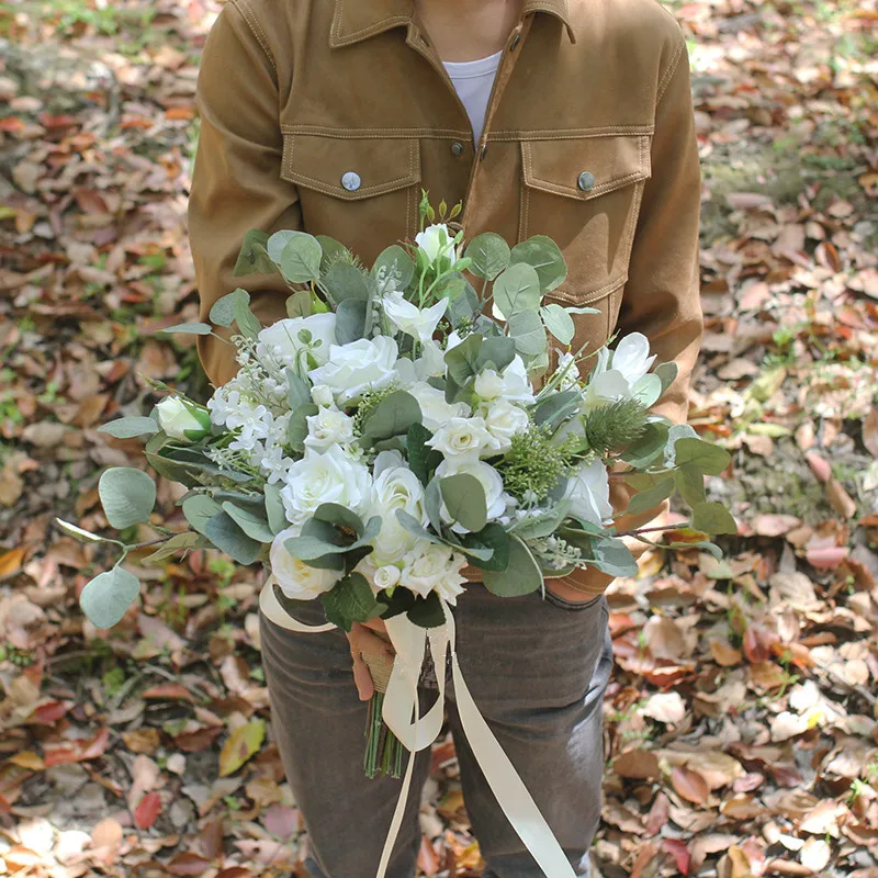 JaneVini-ramo de flores de seda Artificial para dama de honor, flores de novia blancas, tacto Real, elegante, bohemio, accesorios de boda