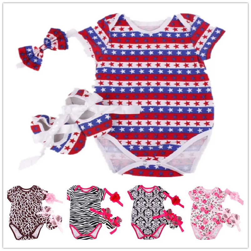 USA Flag Star Baby Bodysuits Shoe Headband 3Pcs Suit Newborn Jumpsuits Fashion Summer Girls Outfits Cotton Infant First Walkers