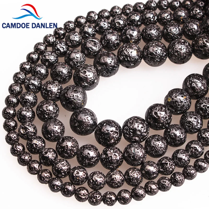 

CAMDOE DANLEN Natural Stone High Quality Plated Black Lava Volcanic Round Loose Beads 6 8 10 12 MM Fit Diy Jewelry Making