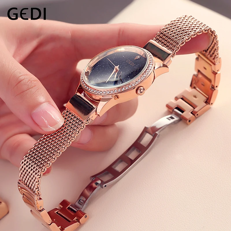 GEDI Starry Quartz Women Watch Rose Gold Women Wrist Watch New Ladies Brand Luxury Fashion Elegant Relogio Feminino Reloj Mujer