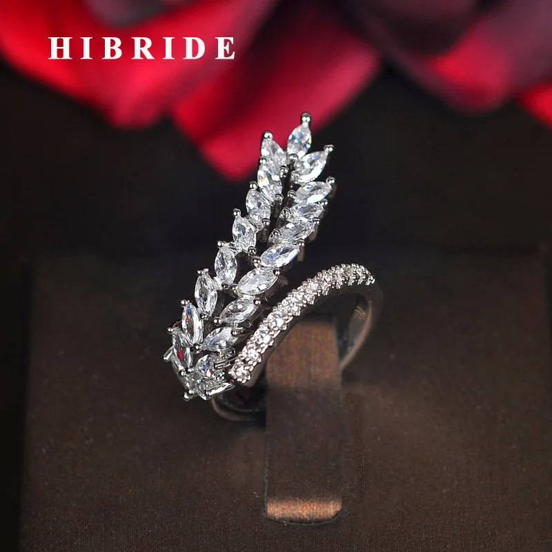 

HIBRIDE New Design Leaf shape AAA Cubic Zircon Adjustable Rings For Women Wedding Open Ring Fashion Jewelry Anillos Mujer R-213