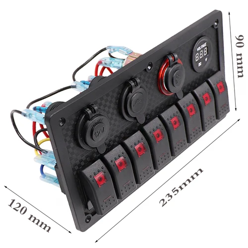 Imagen 2 del producto Panel de interruptor basculante de 8 entradas, disyuntor, voltímetro protegido contra sobrecarga, 12V, 24V CC, puerto de cargador USB, RV, coche, barco, LED azul marino