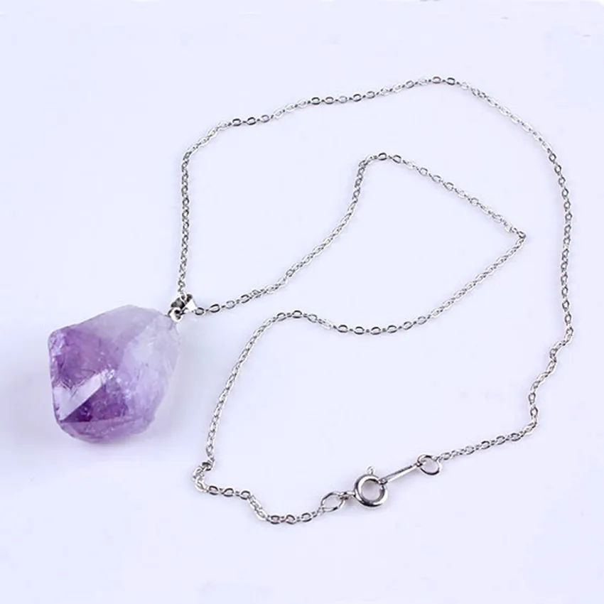 Trendy-beads Popular Silver Plated Irregular Shape Natural Purple Amethysts Pendant Stone Necklace Link Chain