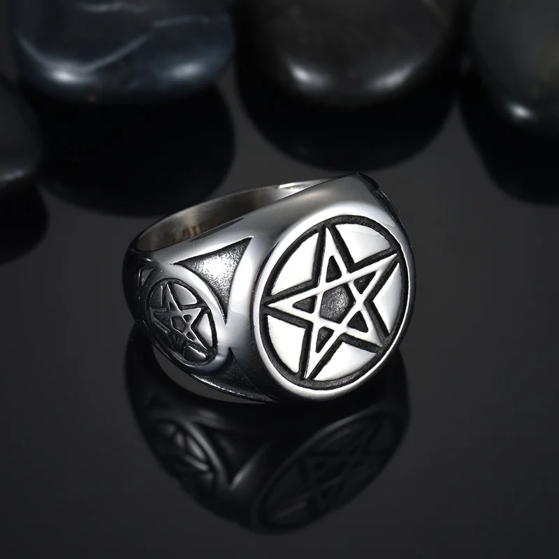 Pentagram Star Circle Mens Black Silver Color 316L Stainless Steel Ring Wholesale Jewelry