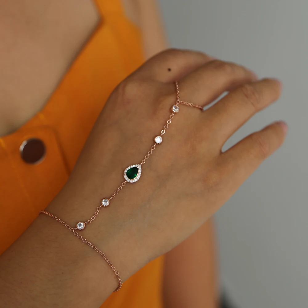 2018 rose gold color fashion delicate dropwater charm cz chain slave bracelet ring Slave Chain Link Finger Rings