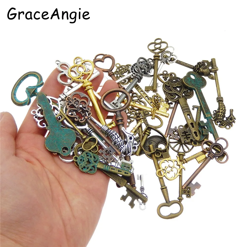 10pcs Mix Color Metal Key Pendant Alloy Lovely Large Crown Key Charms Vintage Jewelry Keys Charms Wholesale Antique Bronze Key