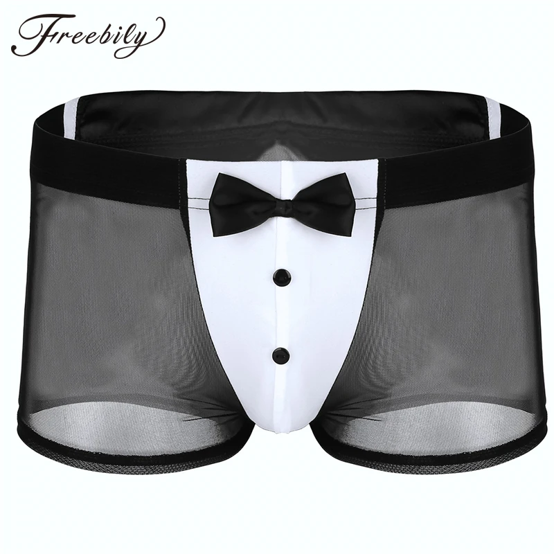 

Mens sexy Butler Waiter Tuxedo Lingerie See Through Mesh Sexy Boxer Underwear with Back Rabbit Ears Male Erotic Panties