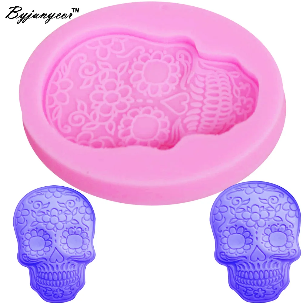 Byjunyeor M523 3D DIY Halloween Skeleton Head Skull Silicone Mold Candy Jelly Epoxy UV Resin Fondant Cake Decorating Baking Tool