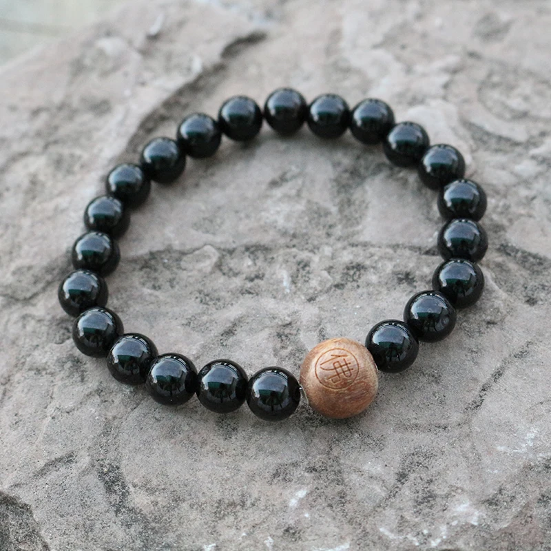 Onyx Beaded Bracelet, Buddhist Chinese Word Wood Bead, Worry Beads Bracelet,Spiritual Meaningful Gift,Mens Inspirational Jewelry