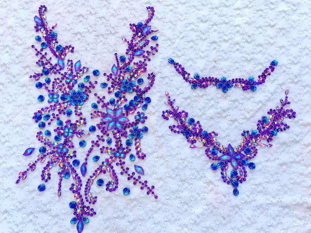 handmade  crystal patches sew on purple rhinestones applique on mesh trim for dress front and back