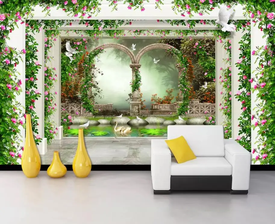 

Fantasy flower vine idyllic Roman column TV sofa background wall painting 3d murals wallpaper for living room