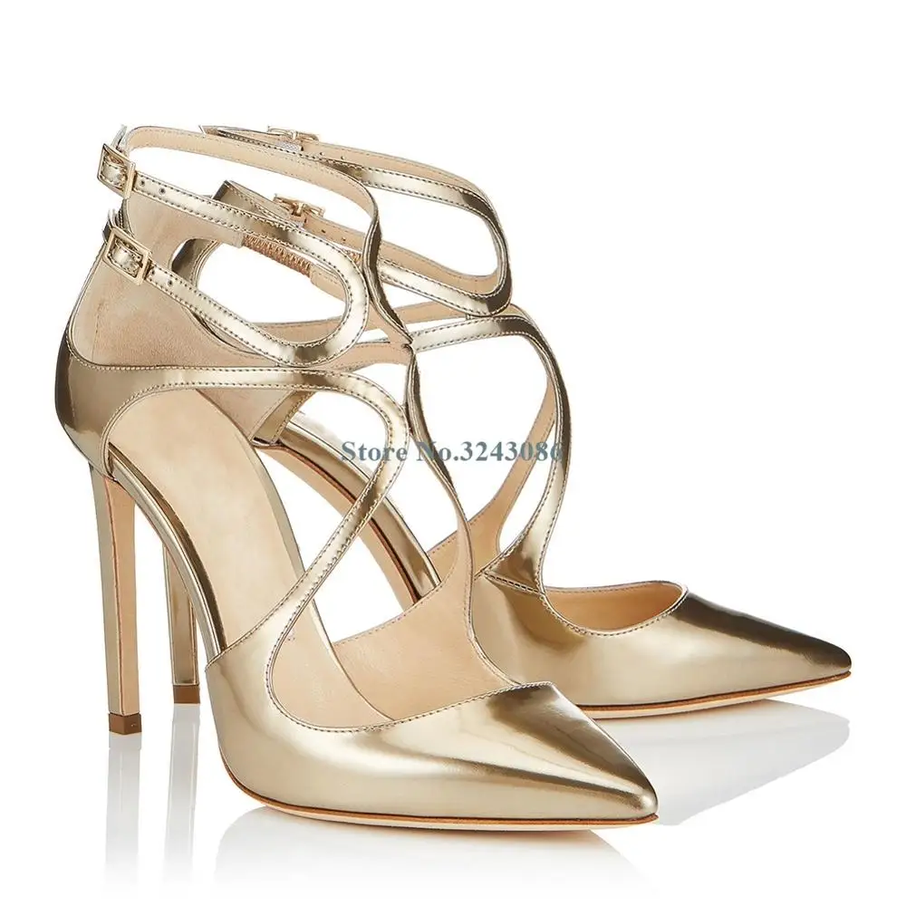 

Gold Silver Faux Sheepskin Pointed Toe Thin High Heel Pumps Cross Tied Buckle Strap Stiletto Heel Pumps Elegant Banquet Shoes