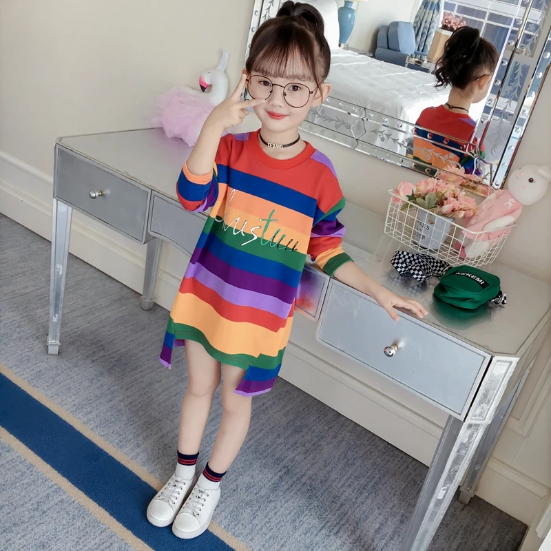 

Hot Girls Long Sleeved Dresses Children's Spring & Fall Trendy Rainbow Striped Princess Dress Female Kids One Piece Clothes B42