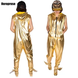 Traje de baile de Hip Hop, ropa de actuación, mono de jazz de color dorado brillante suelto europeo, pantalones de camuflaje de una pieza, nueva moda