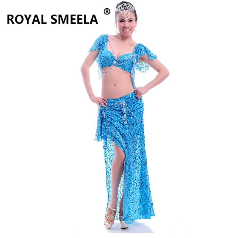 Women belly dance costume sequin dance dress belly dancing clothes dance wear shiny bling dancing bra+ maxi skirt dancer outfit