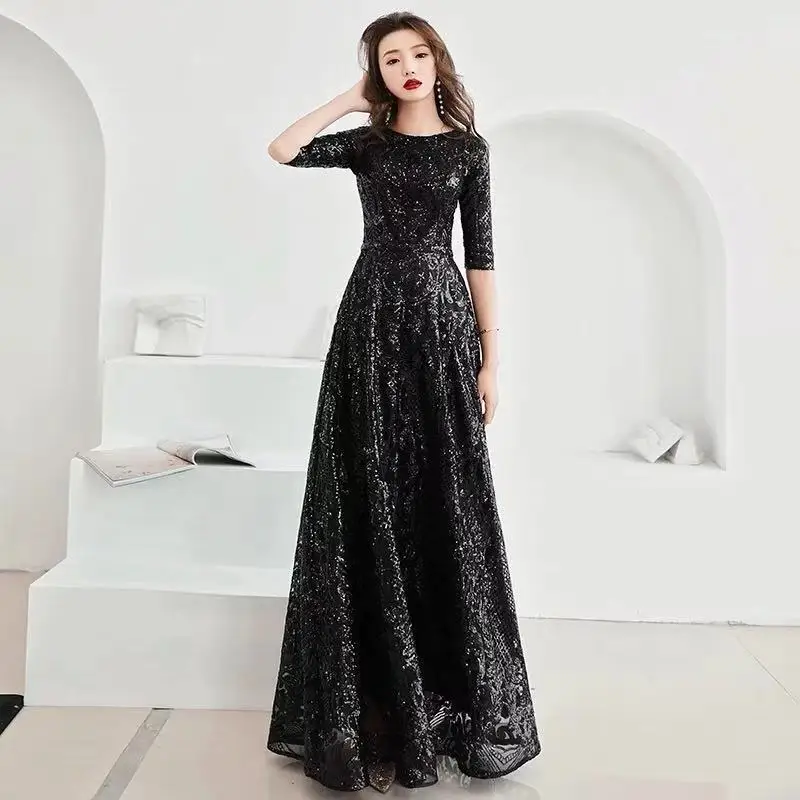 

A-line Evening Dress Black Sequins Shining O-neck Half Sleeve Formal Prom Dress Women Vintage Floor-length Long Party Gown E091