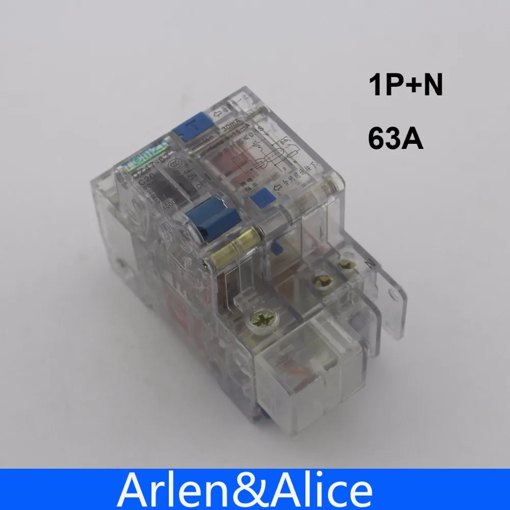 Transparent 1P+N 63A 230V~ 50HZ/60HZ Residual current Circuit breaker with over current and Leakage protection RCBO