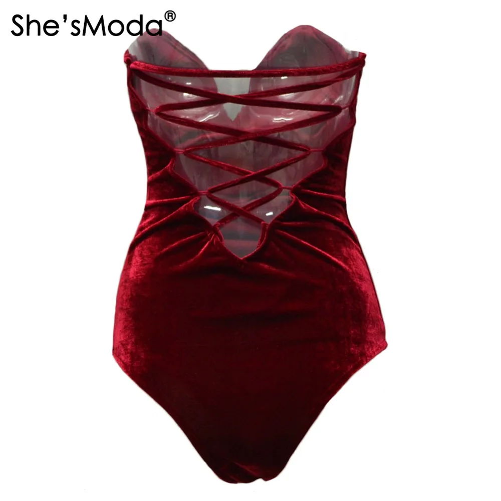 She'sModa Velvet Wrapped Chest Playsuit V-neck Backless Hollow Cross Strappy Sleeveless Women's bodysuit jumpsuit