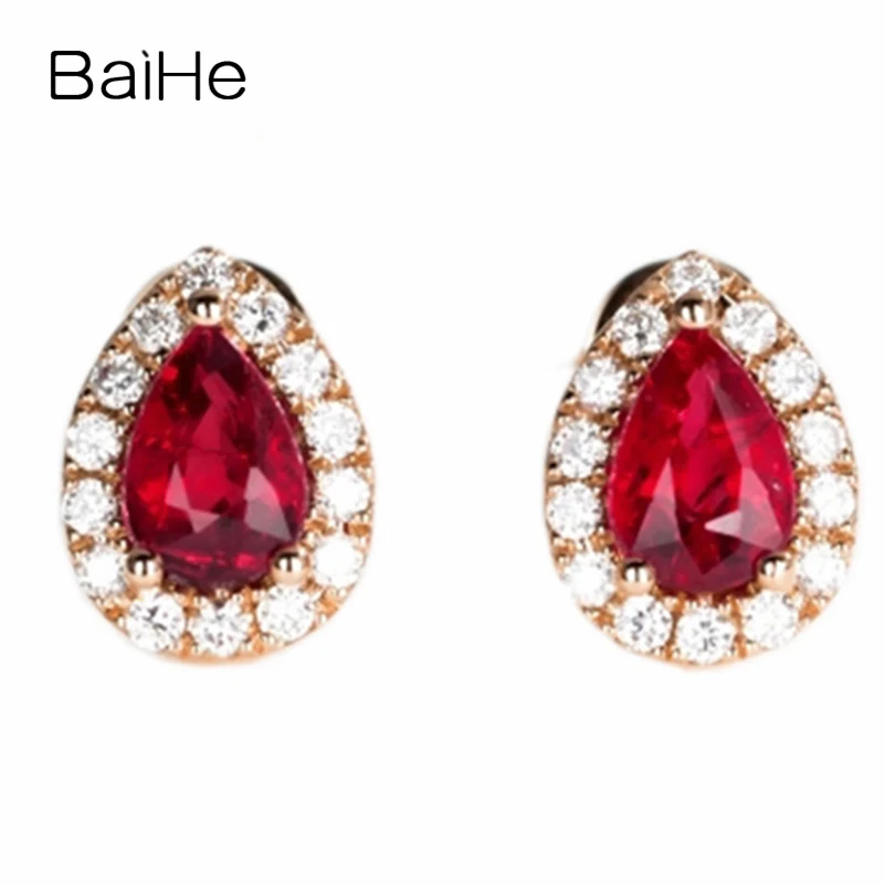 BAIHE Solid 14K Rose Gold 1ct No Main Stone Diamond Pear Semi Mount Stud Earrings Women Wedding Fine Jewelry pendientes mujer