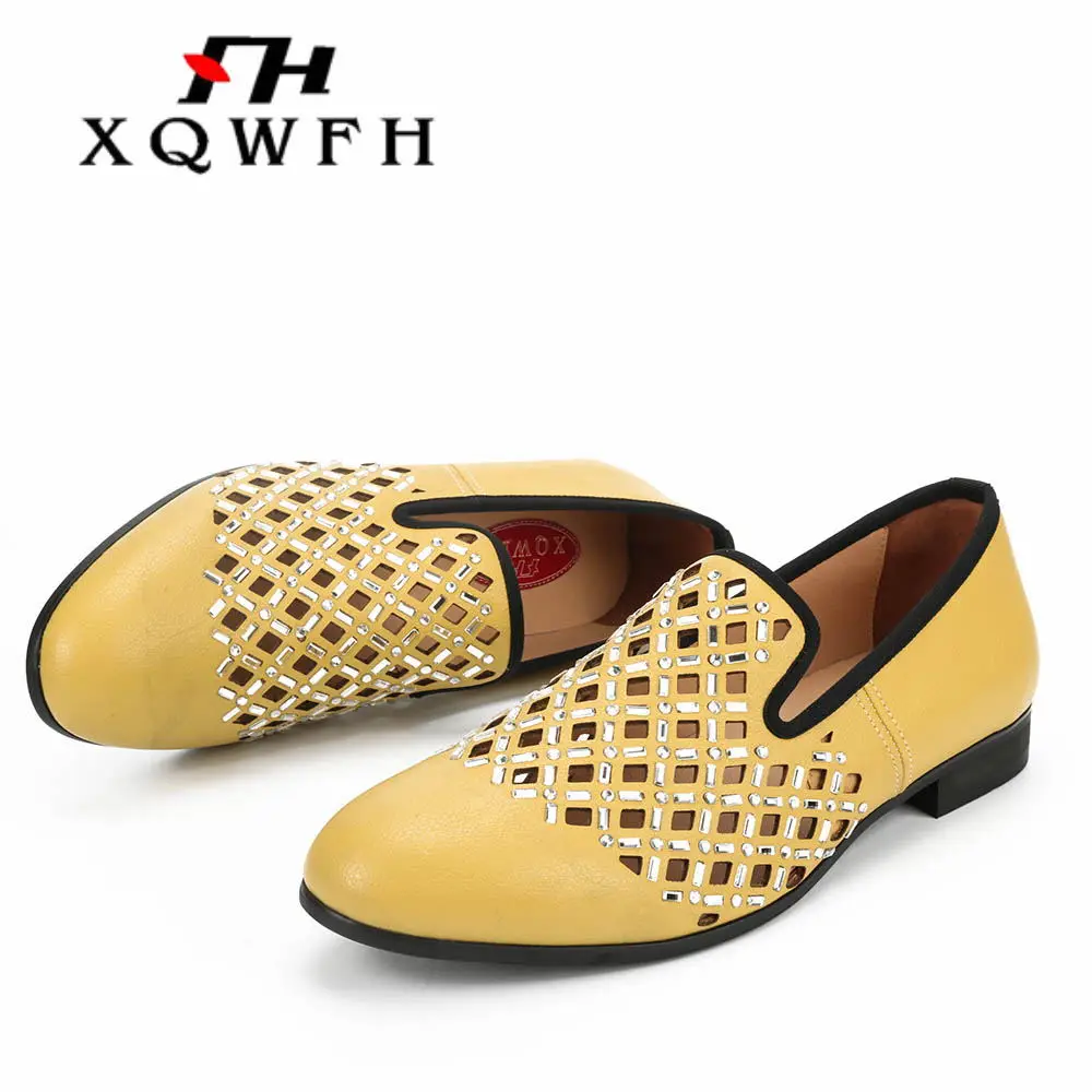 XQWFH Men Rhinestone Tassel Loafers Male Yellow Leather Casual Shoes Handmade Slip-on Flats Men's Ballroom Nightclub Dance Shoes