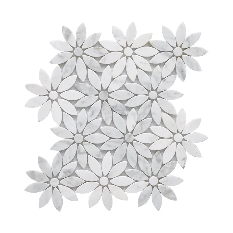 Nordic Style Polished Natural Stone Carrara White Flower Pattern Marble Mosaic Tile, Kitchen Bathroom fireplace wall floor tiles