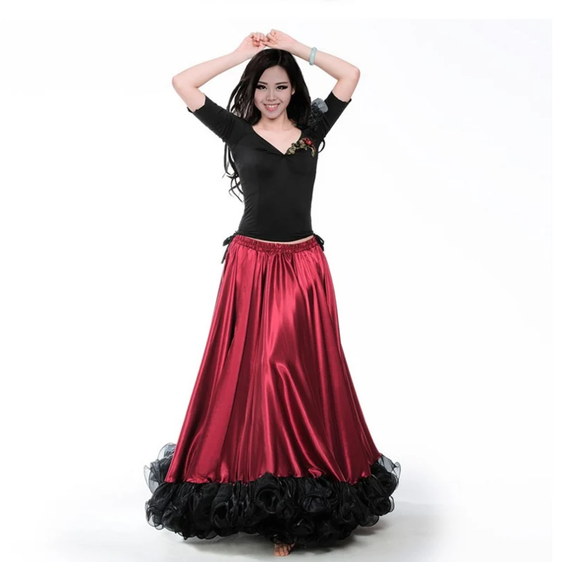 Vestido de baile flamenco español, dobladillo oscilante grande con falda, borde de dobladillo de encaje, falda larga de baile de toro rojo y negro para salón de baile
