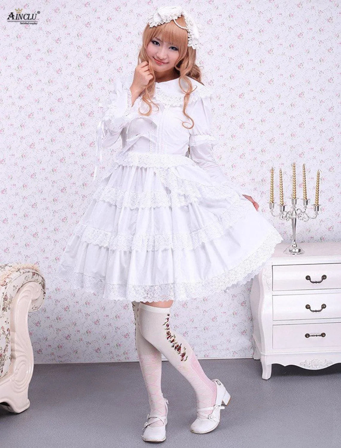 Ainclu – robe mi-longue en dentelle blanche XS-XXL, coton de haute qualité, nœud en dentelle, ligne a, douce, Lolita, livraison gratuite pour fête/décontractée