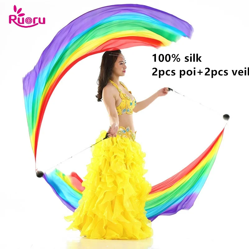 Ruoru 100% Seide 2 stücke Seide Schleier + 2 stücke Poi Kette Ball Frauen Bauchtanz Seide Schleier Poi Streamer bühne Requisiten Regenbogen Farbverlauf