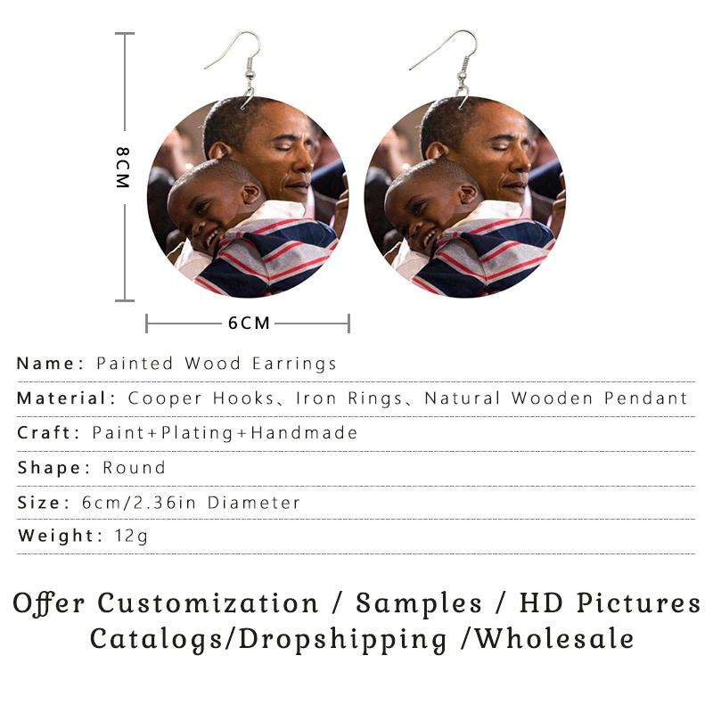 SOMESOOR Women Wood Drop Earrings Black Leader Obama America's First Lady Michelle Afro Printed Fashion Women Dangle jewelry