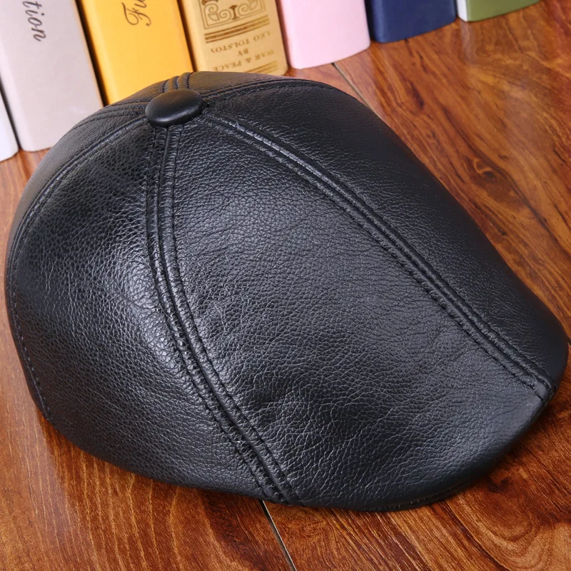 2017 New Style Winter Male Warm Hat  Men's Genuine Leather Baseball Cap Adult Newsboy Beret Hat Cowhide Peaked Cap B-7253