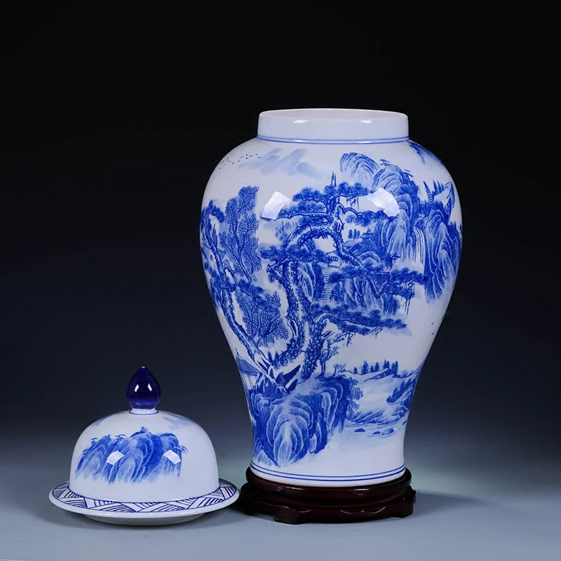 Jingdezhen Porcelain jar Ornaments Antique Blue And White Landscape Temple Jar Storage pot Chinese ceramic ginger jar vase