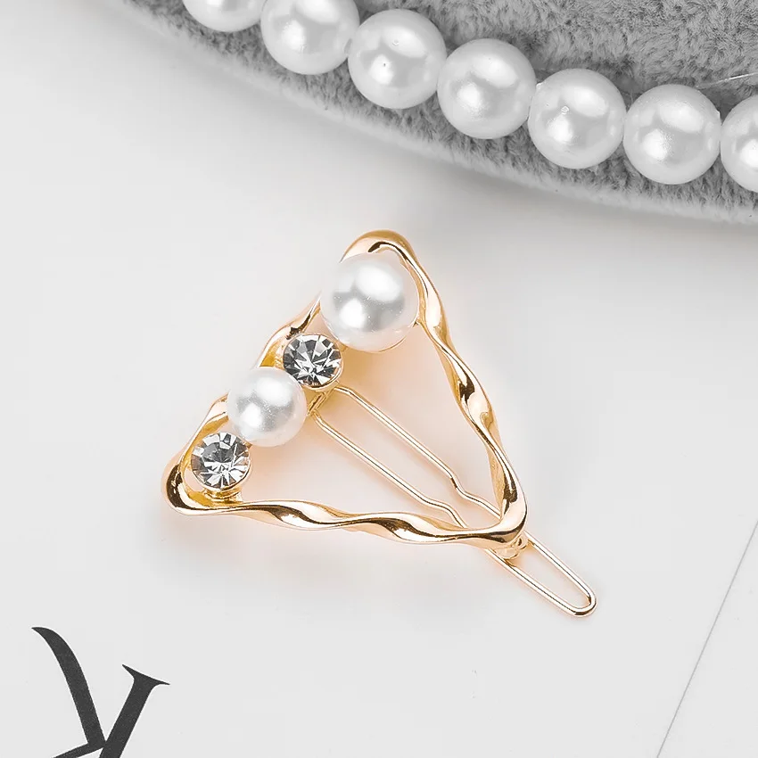 Simple Retro Wild Geometric Imitation Pearl With Rhinestones Gold Triangle Heart Small Hairpin Headdress Bangs Clip Female