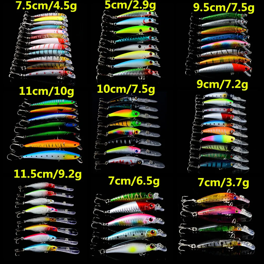 

Hot Sale 70pcs/lot Fishing Lures Artificial High Quality Plastic Hard Baits Mixed 9 Minnow Models Bait 70 Colors Bass Fish Lure