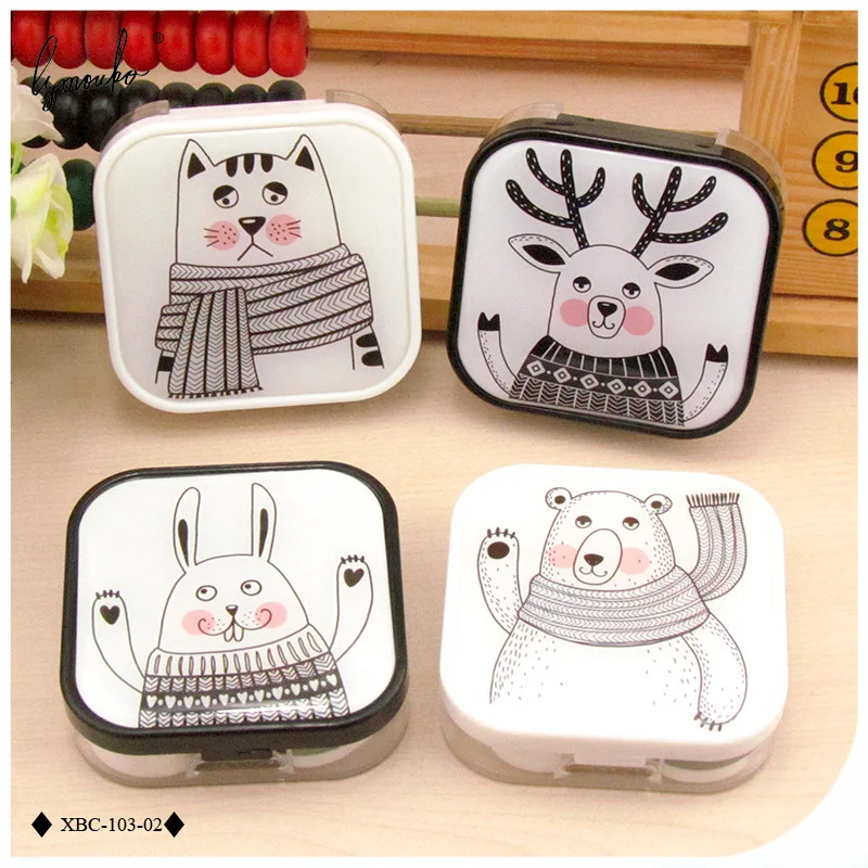 Lymouko Cute Elk Bear Rabbit Design Holder Contact Lens Case with Mirror for Women Gift Portable Container Lenses Box