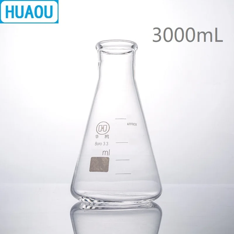 HUAOU 3000mL Erlenmeyer Flask 3L Borosilicate 3.3 Glass Narrow Neck Conical Triangle Flask Laboratory Chemistry Equipment