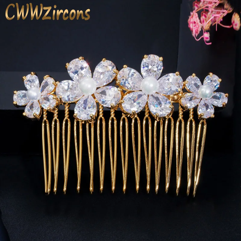 CWWZircons-accesorios para el cabello para novias, impresionante piedra de circonia cúbica, Color oro amarillo perla, peines de Hiar, tocado de flores, A010