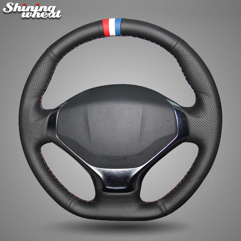 

Shining wheat Black Genuine Leather Red White Blue Marker Car Steering Wheel Cover for Peugeot 3008 2013-2015