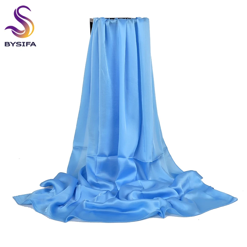 [BYSIFA] Light Blue Silk Scarf Spring Autumn Women Long Satin Scarf Shawl Luxury Scarves Simple Plain Head Scarf Cape 180*90cm