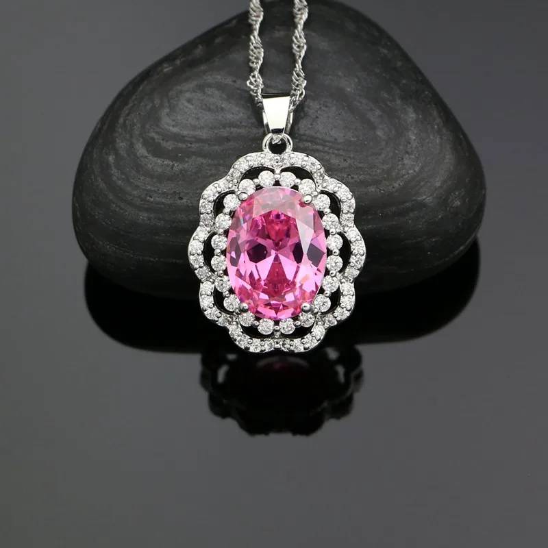 925 Silver Bridal Jewelry Sets For Women Wedding Accessories Pink Cubic Zirconia Earrings/Ring/Bracelet/Necklace/Pendant