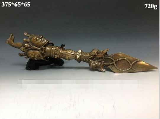 

375*65MM LONG Tibet Tibetan Buddhism BRASS Buddhist Ritual Tool Hand Vajra Dorje head Statue Brass Copper garden