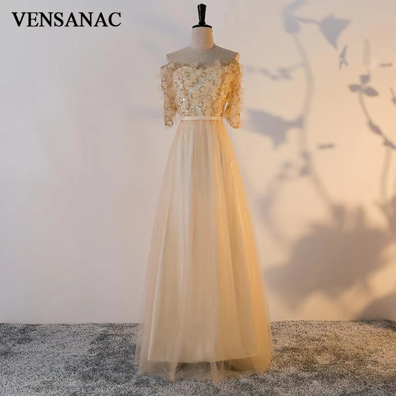 

VENSANAC 2018 Boat Neck Sequined A Line Long Evening Dresses Elegant Half Sleeve Lace Flowers Sash Party Prom Gowns